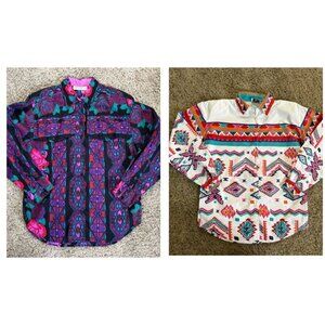 ADOBE ROSE Vtg Button Shirt Floral Western Rodeo Aztec Rockabilly Lot Of 2 LARGE